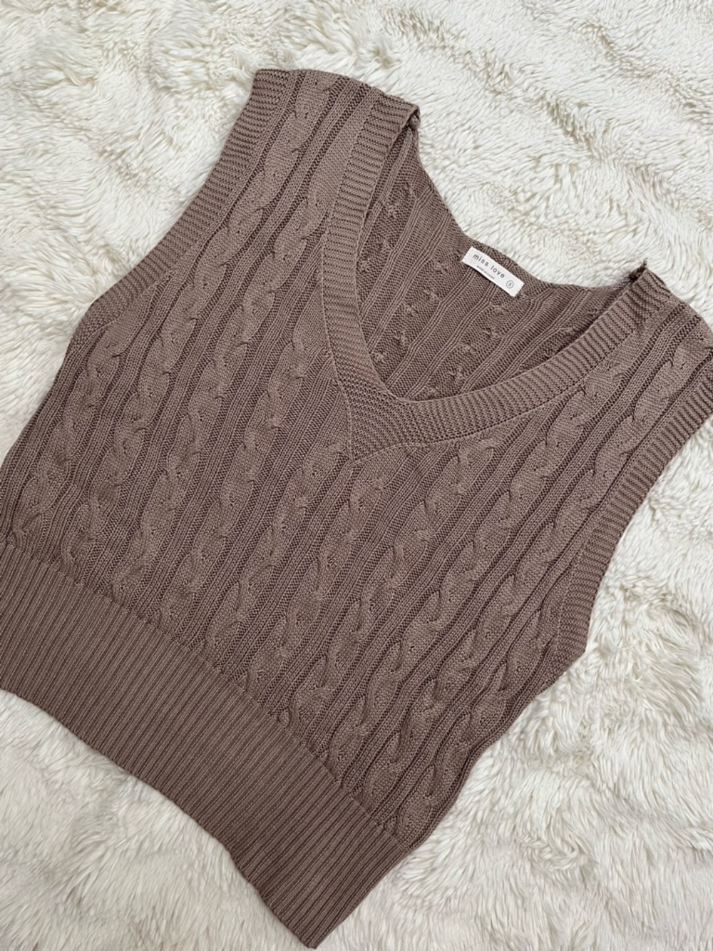 Miss Love Taupe Cotton Cable Knit V-Neck Sweater Vest